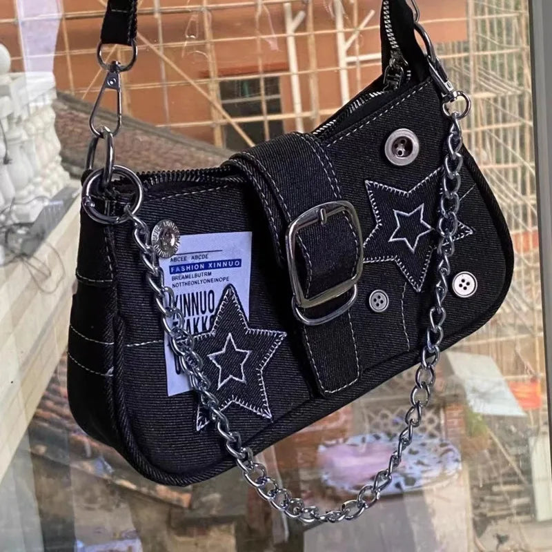 Y2K Fashion Women'S Handbags Stars Pattern Cool Girls Underarm Bag Vintage Canvas Female Small Shoulder Bags Chain Tote Purses