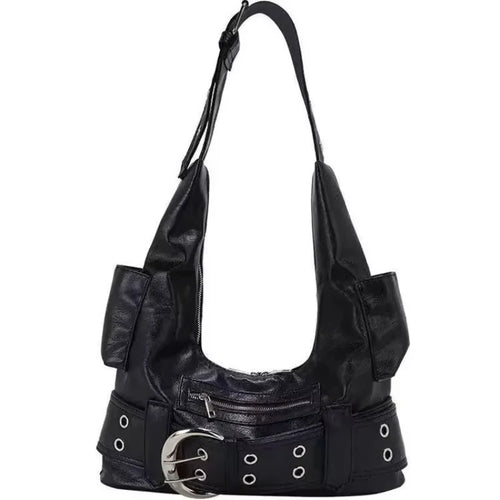 Belt Buckle Women Luxury Designer Handbag and Purses PU Rivet Multiple Pockets Y2K Large Capacity Shoulder Bags Big Totes