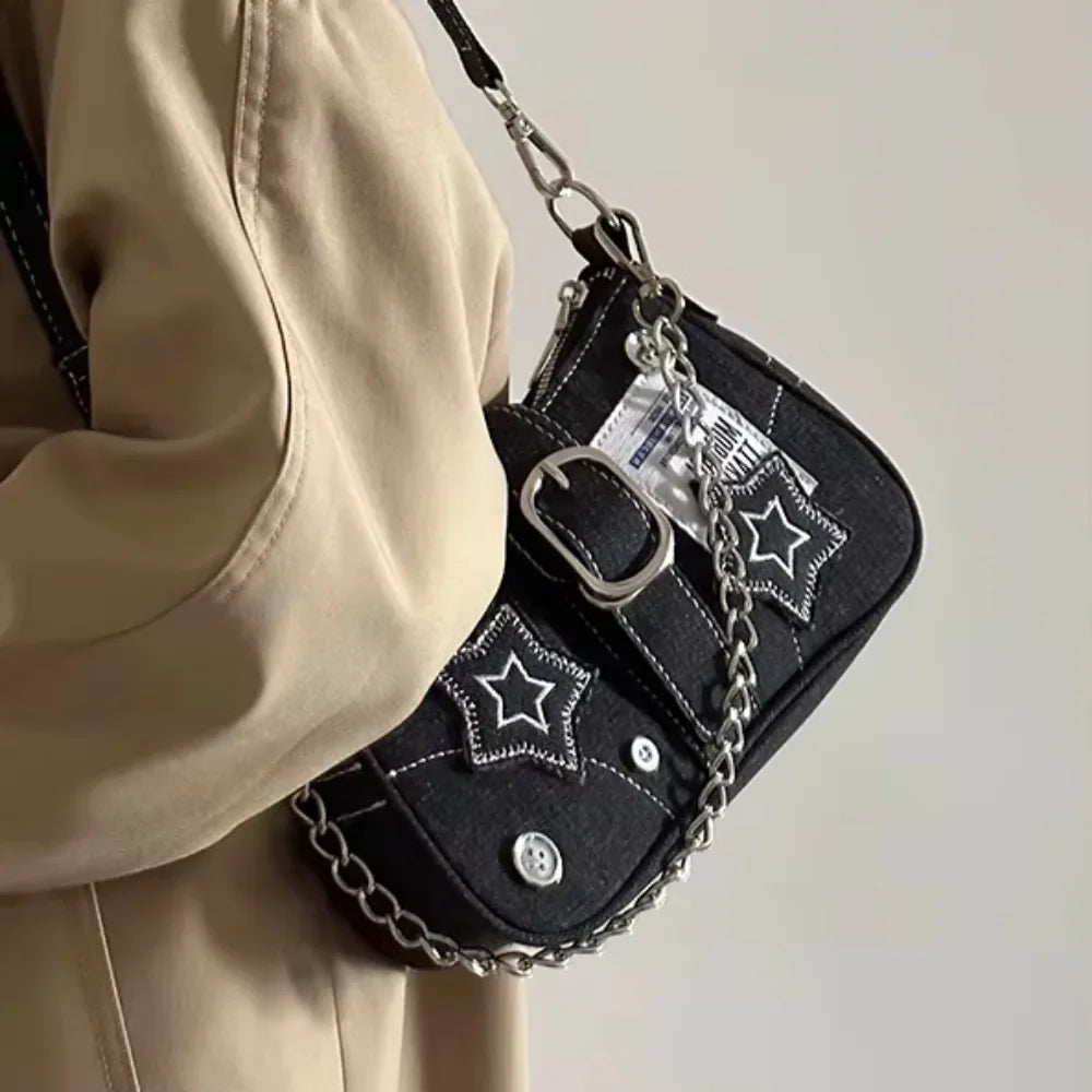 Y2K Fashion Women'S Handbags Stars Pattern Cool Girls Underarm Bag Fashion Canvas Female Small Shoulder Bags Chain Tote Purses
