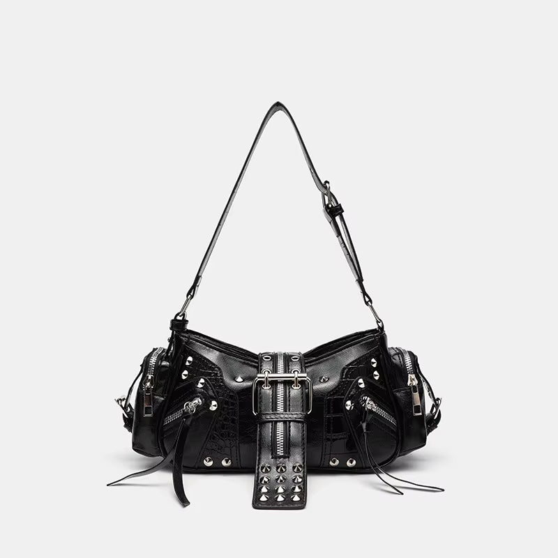 Women'S Y2K Punk Vintage Shoulder Purse PU Leather Gothic Rivet Handbag Waist Bag Luxury Black Cross Body Bags with Spikes