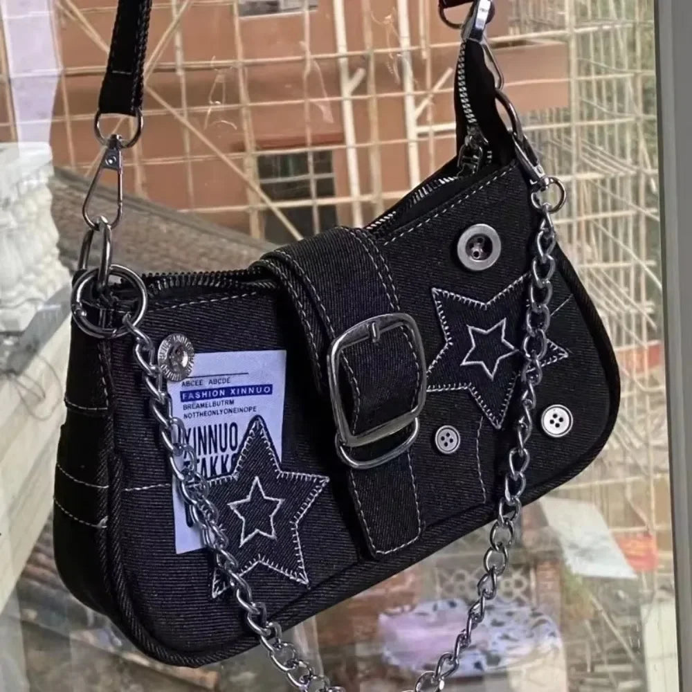 Y2K Fashion Women'S Handbags Stars Pattern Cool Girls Underarm Bag Fashion Canvas Female Small Shoulder Bags Chain Tote Purses