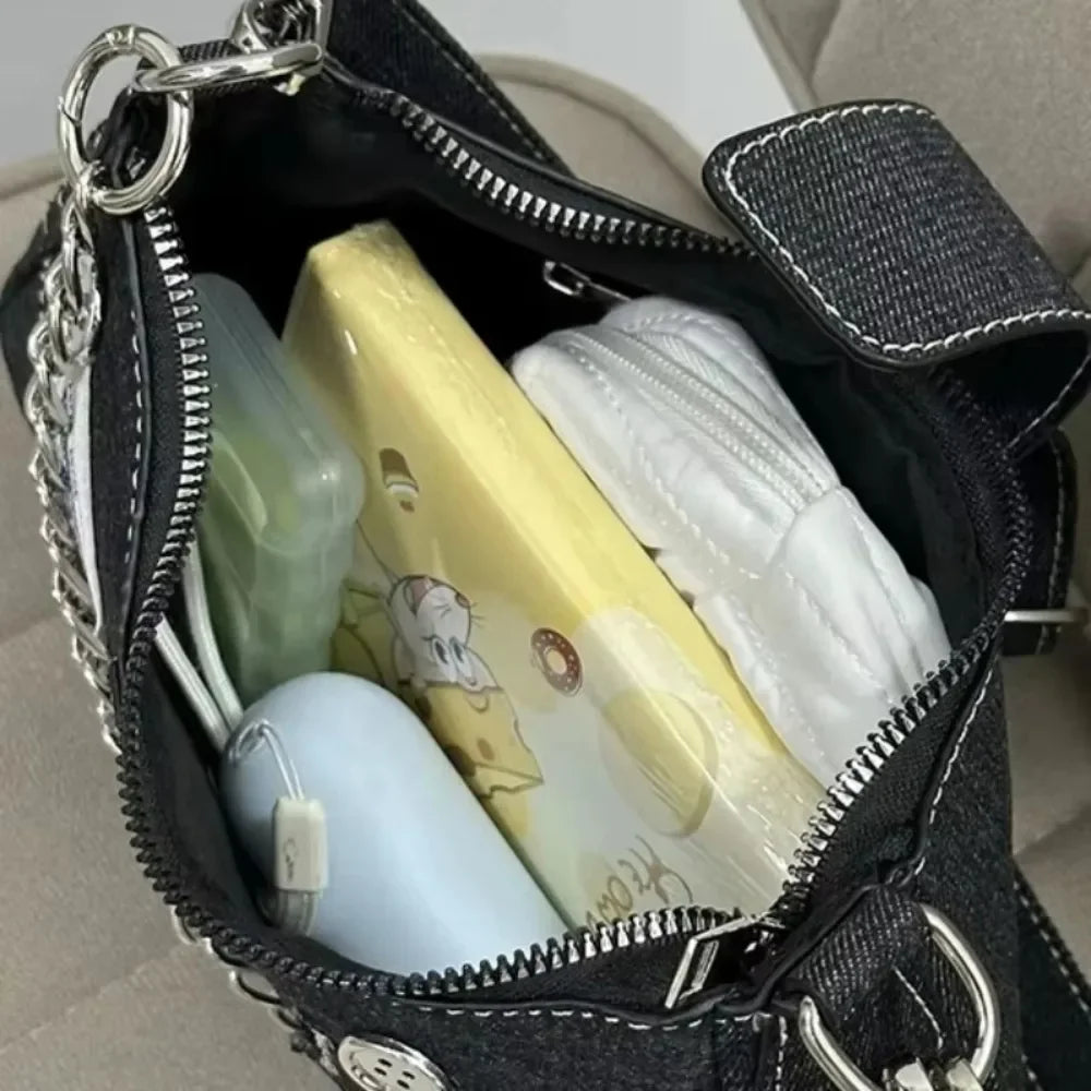 Y2K Fashion Women'S Handbags Stars Pattern Cool Girls Underarm Bag Fashion Canvas Female Small Shoulder Bags Chain Tote Purses