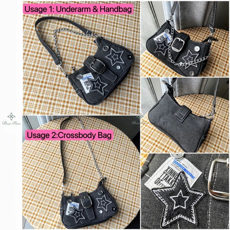 Y2K Fashion Women'S Handbags Stars Pattern Cool Girls Underarm Bag Vintage Canvas Female Small Shoulder Bags Chain Tote Purses
