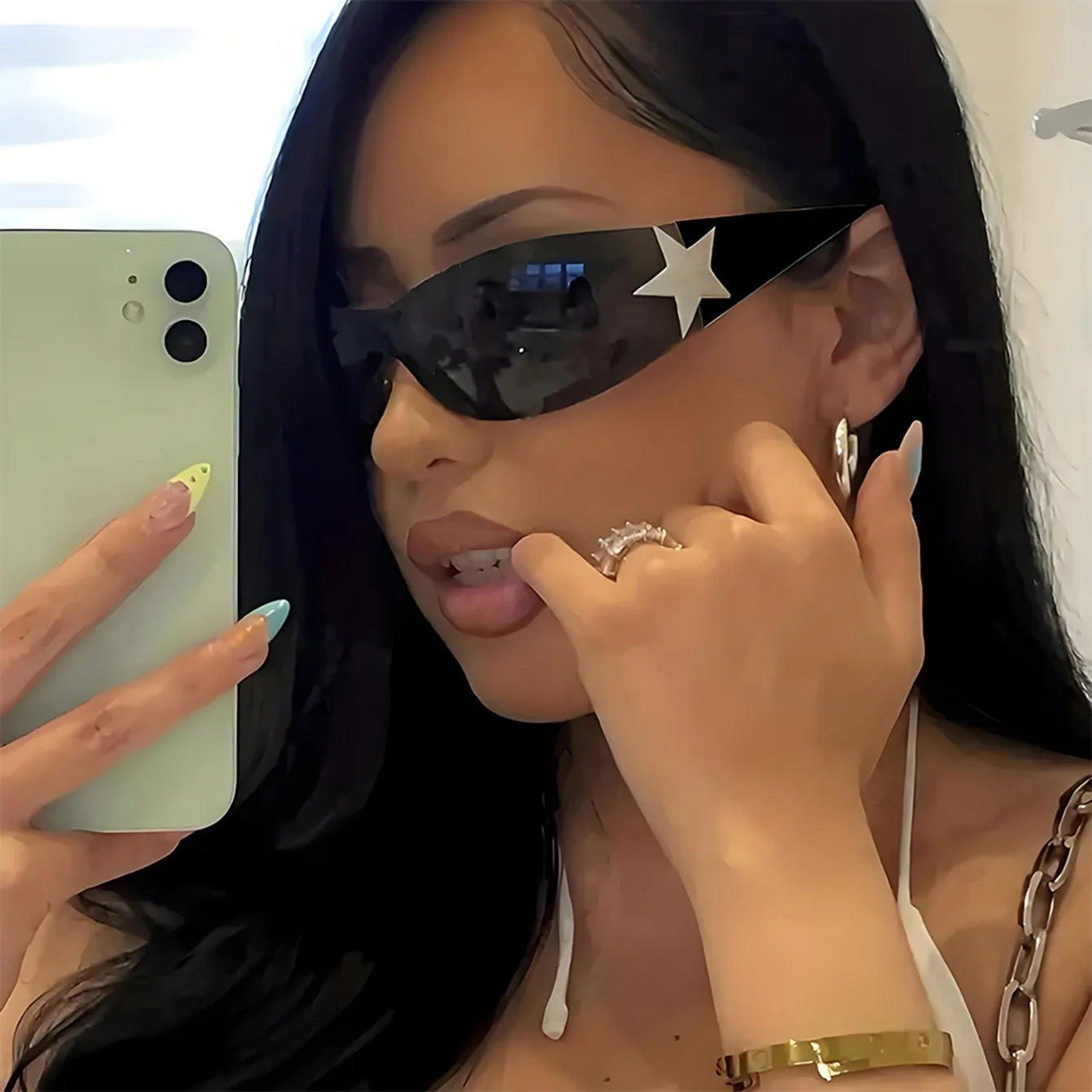 New Women'S Rimless Star Decoration Integrated Y2K Hot Girl Style Hip Hop Fashion Sunglasses Beach Party Glasses Men