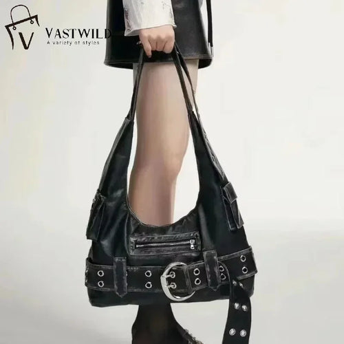 Belt Buckle Women Luxury Designer Handbag and Purses PU Rivet Multiple Pockets Y2K Large Capacity Shoulder Bags Big Totes