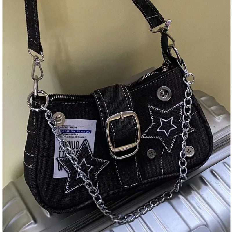 Y2K Fashion Women'S Handbags Stars Pattern Cool Girls Underarm Bag Vintage Canvas Female Small Shoulder Bags Chain Tote Purses