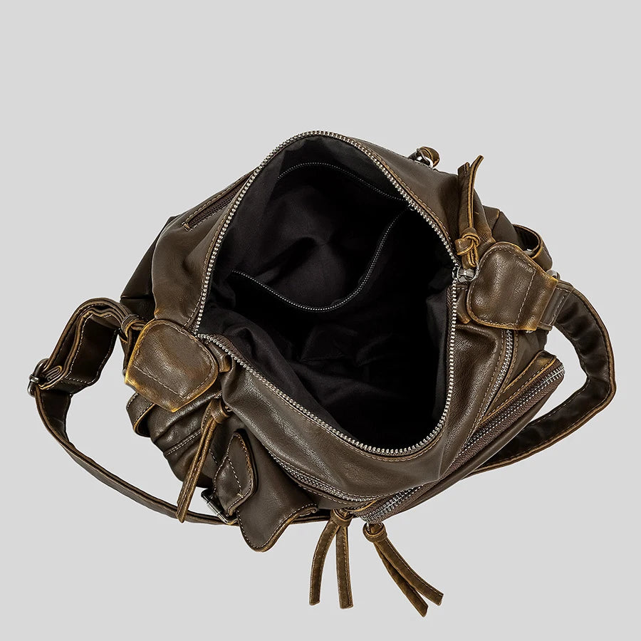 Vintage Multiple Pockets Women Shoulder Bags Luxury Washed Pu Leather Crossbody Bag Retro Motorcycle Bag Y2K Sac for Girls 2026