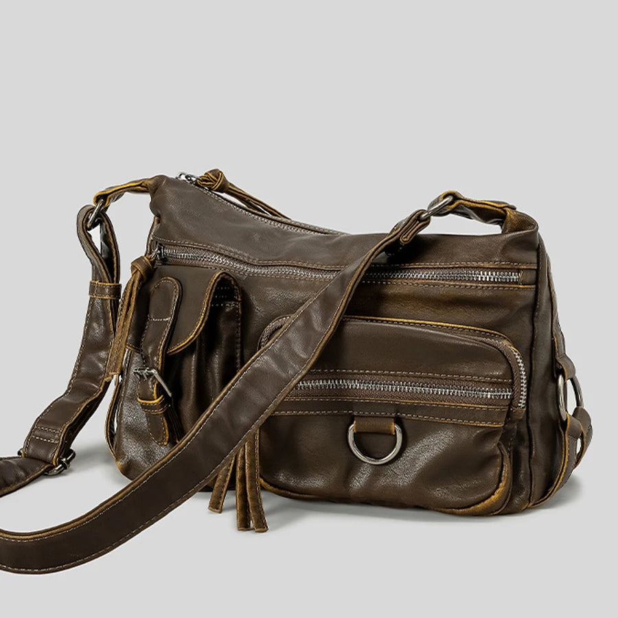 Vintage Multiple Pockets Women Shoulder Bags Luxury Washed Pu Leather Crossbody Bag Retro Motorcycle Bag Y2K Sac for Girls 2026