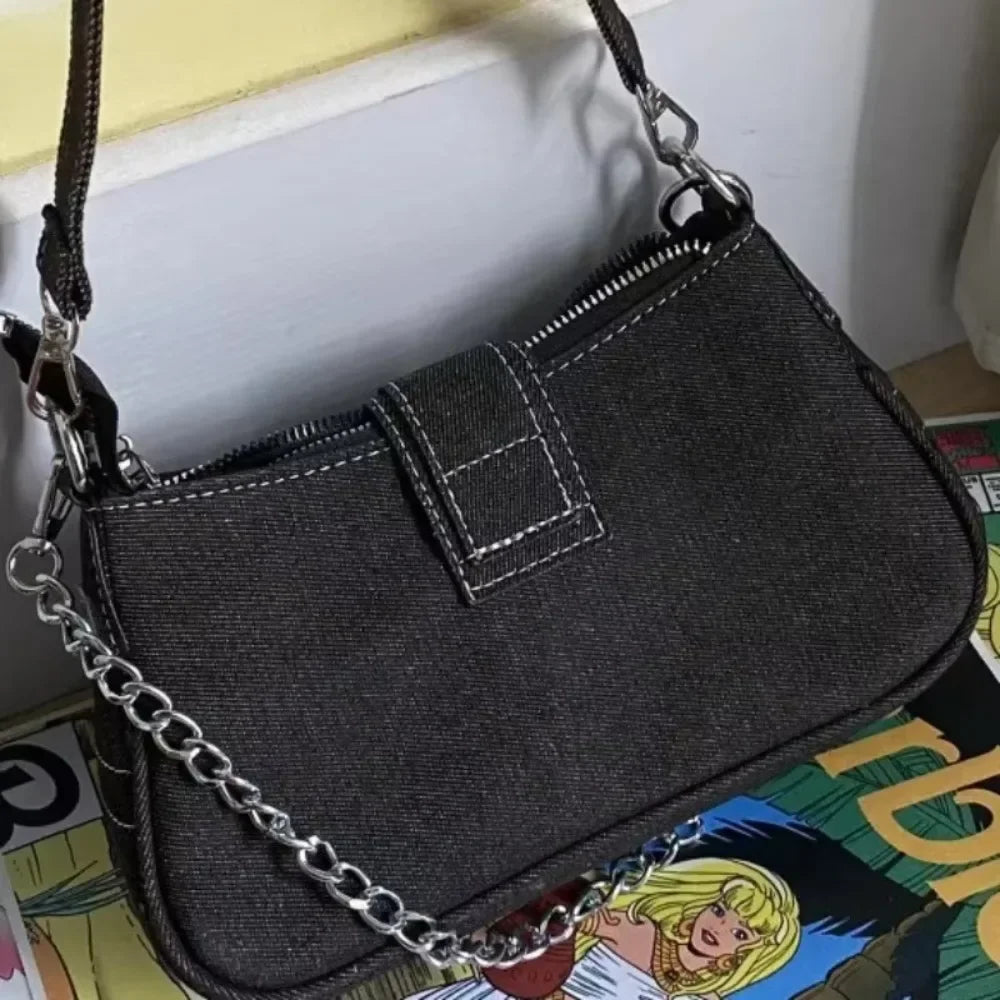 Y2K Fashion Women'S Handbags Stars Pattern Cool Girls Underarm Bag Fashion Canvas Female Small Shoulder Bags Chain Tote Purses
