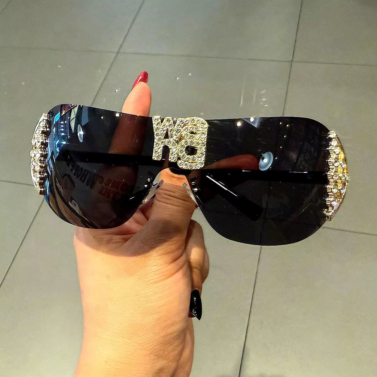 Luxury Y2K Rimless Women'S Sunglasses with Rhinestone Letters Brand Designer Sun Glasses for Outdoor UV400 Lunettes De Soleil