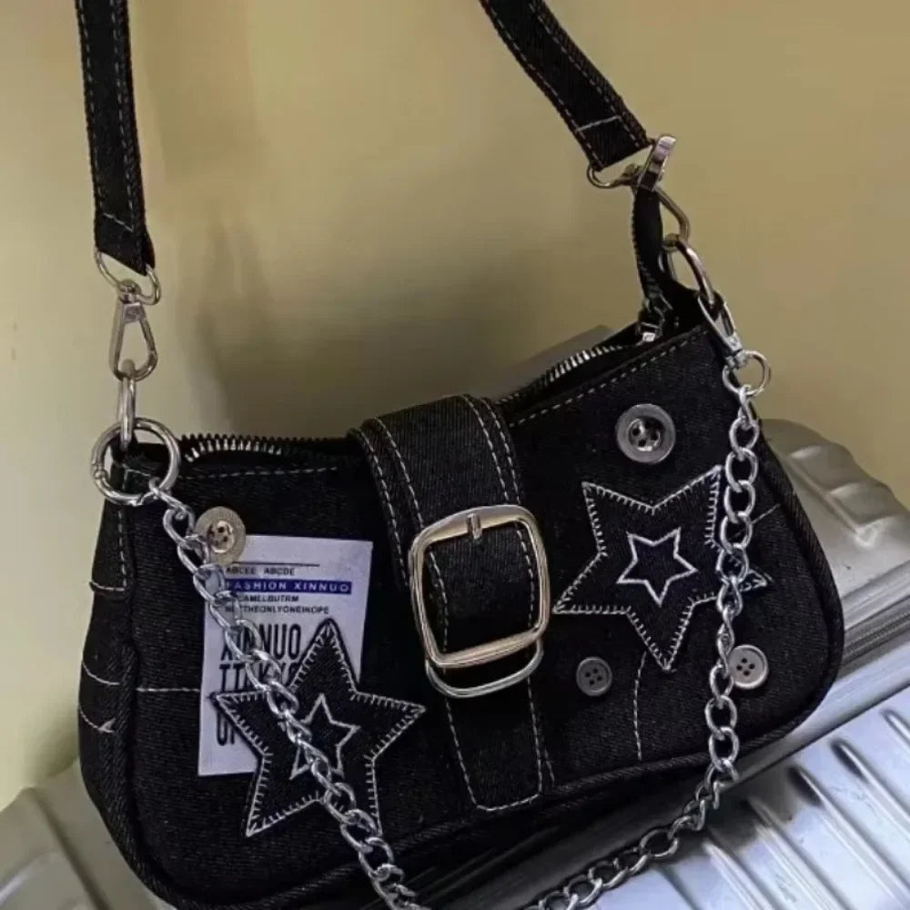 Y2K Fashion Women'S Handbags Stars Pattern Cool Girls Underarm Bag Fashion Canvas Female Small Shoulder Bags Chain Tote Purses