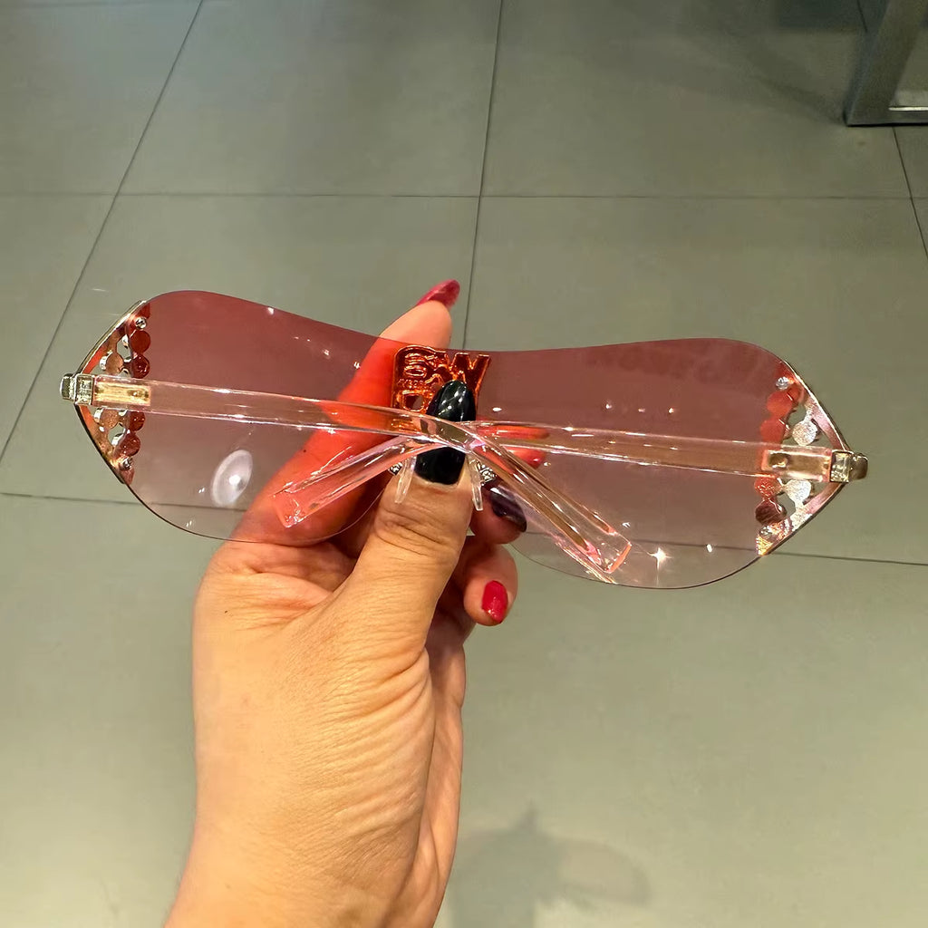 Luxury Y2K Rimless Women'S Sunglasses with Rhinestone Letters Brand Designer Sun Glasses for Outdoor UV400 Lunettes De Soleil