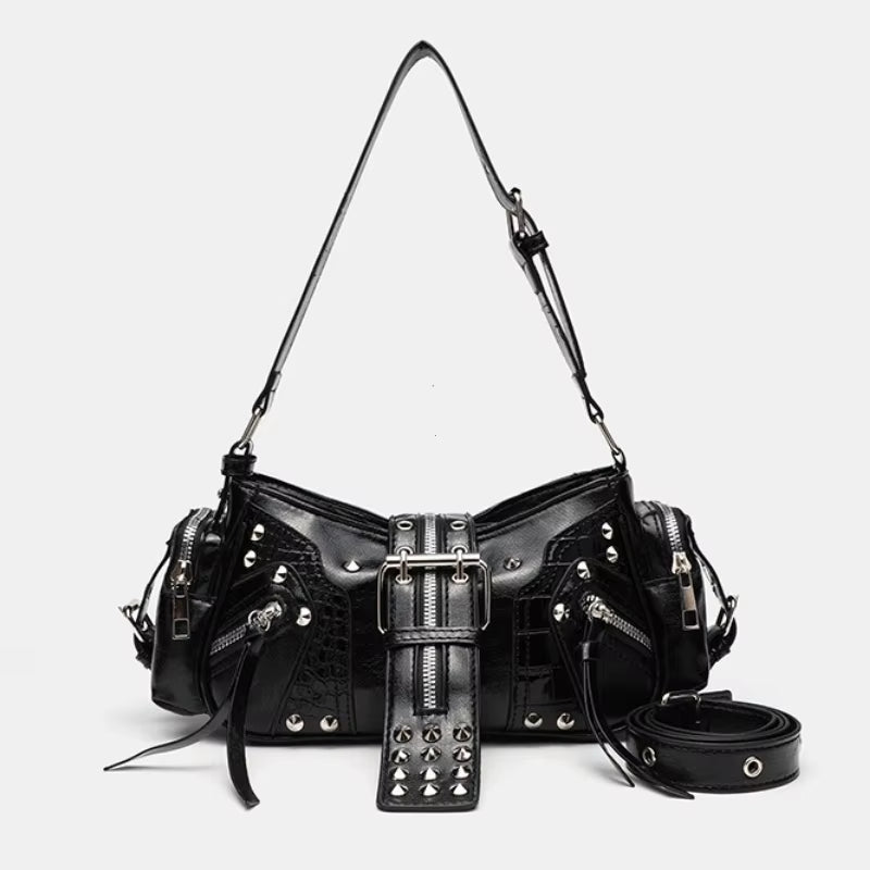 Women'S Y2K Punk Vintage Shoulder Purse PU Leather Gothic Rivet Handbag Waist Bag Luxury Black Cross Body Bags with Spikes