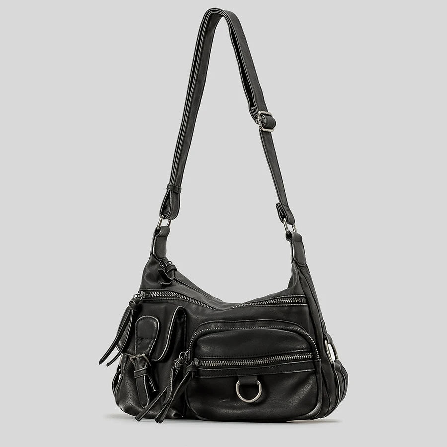 Vintage Multiple Pockets Women Shoulder Bags Luxury Washed Pu Leather Crossbody Bag Retro Motorcycle Bag Y2K Sac for Girls 2026