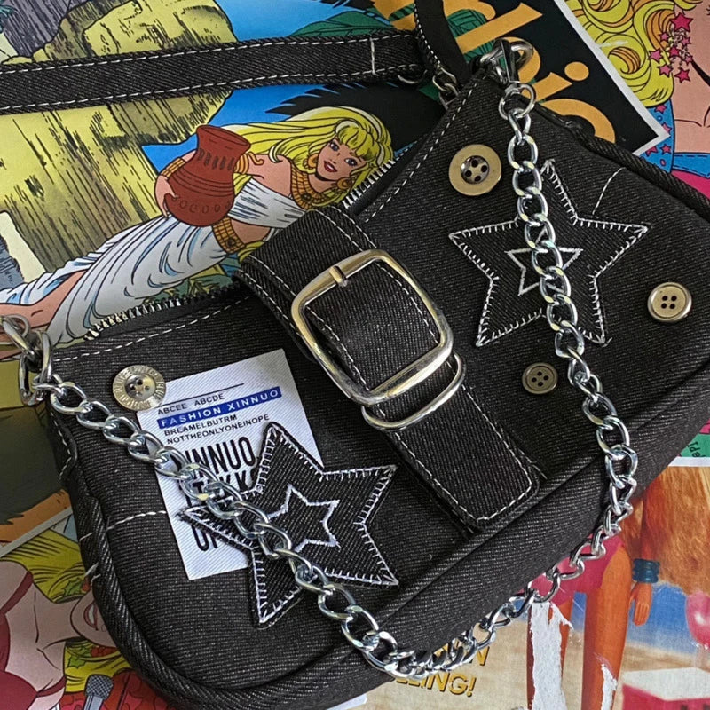 Y2K Fashion Women'S Handbags Stars Pattern Cool Girls Underarm Bag Vintage Canvas Female Small Shoulder Bags Chain Tote Purses