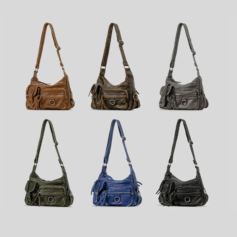 Vintage Multiple Pockets Women Shoulder Bags Luxury Washed Pu Leather Crossbody Bag Retro Motorcycle Bag Y2K Sac for Girls 2026